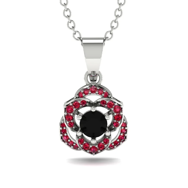 Simple Crystal Pendant Necklace For Day Wear-Golden Rose Blossom Necklace With Exquisite Ruby Detailing - Reign No. 54