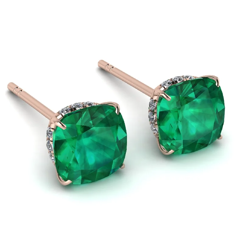 Personalized Earrings With Your Birthstone-Hidden Halo Cushion Emerald Earrings - Alivia No. 5