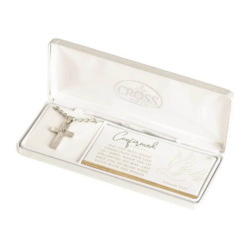 Trendy Silver Necklace For Day Wear-Confirmation Cross Necklace with Dove Cutout Romans 15:13