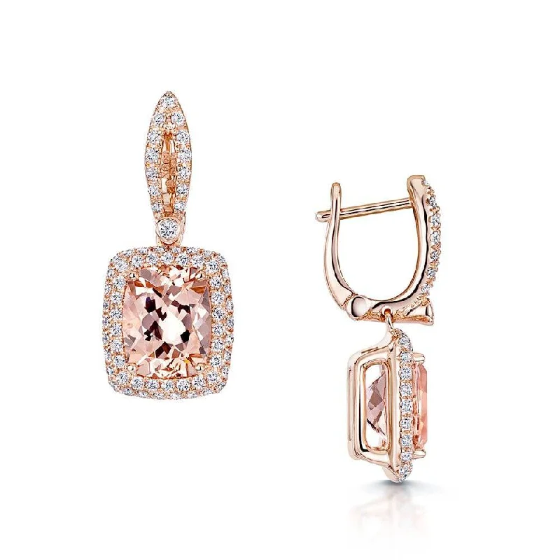 Classic Drop Earrings For Women-18ct Rose Gold Morganite And Round Brilliant Cut Diamond Drop Earrings