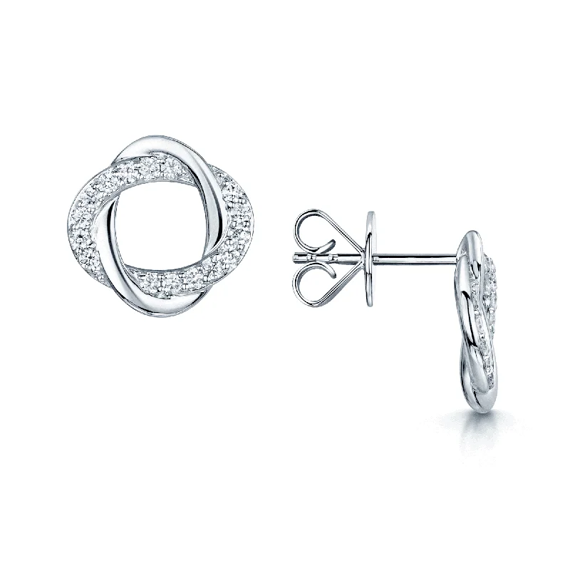 Sparkling Silver Earrings For Women-18ct White Gold Polished And Diamond Oval Entwined Stud Earrings