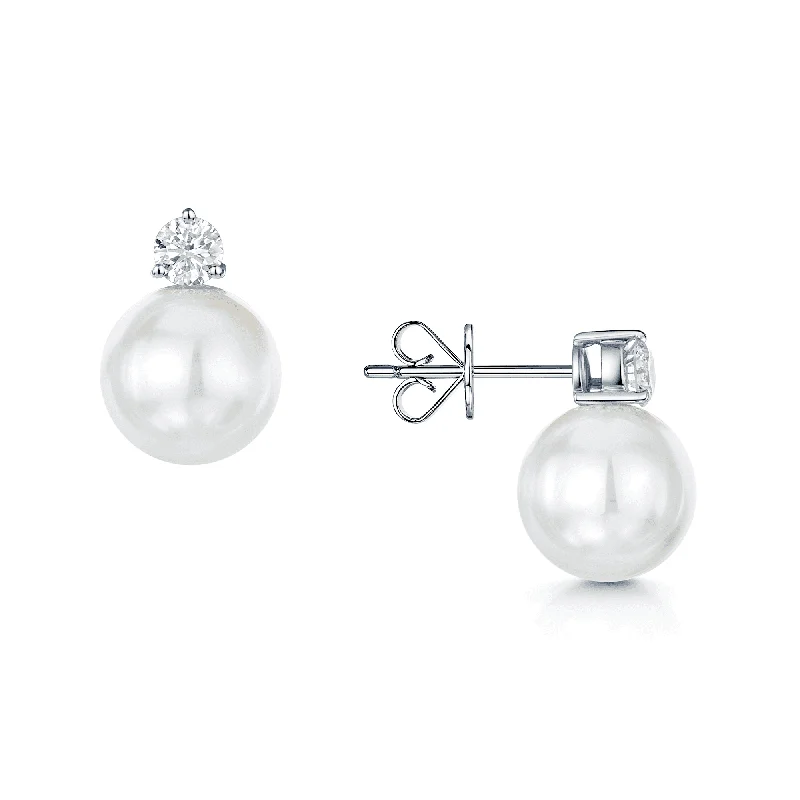 Elegant Gold Earrings For Weddings-18ct White Gold 10.80mm Pearl and Diamond Stud Earrings