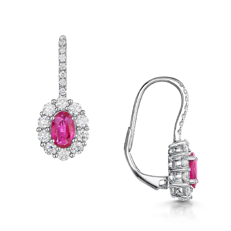 Designer Earrings With Swarovski Crystals-18ct White Gold Oval Cut Ruby Diamond Cluster Drop Earrings