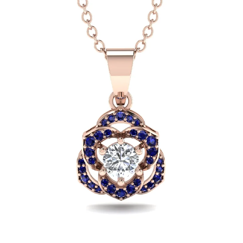 Custom Birthstone Necklace For Mom-Golden Rose Blossom Necklace With Exquisite Sapphire Detailing - Reign No. 62