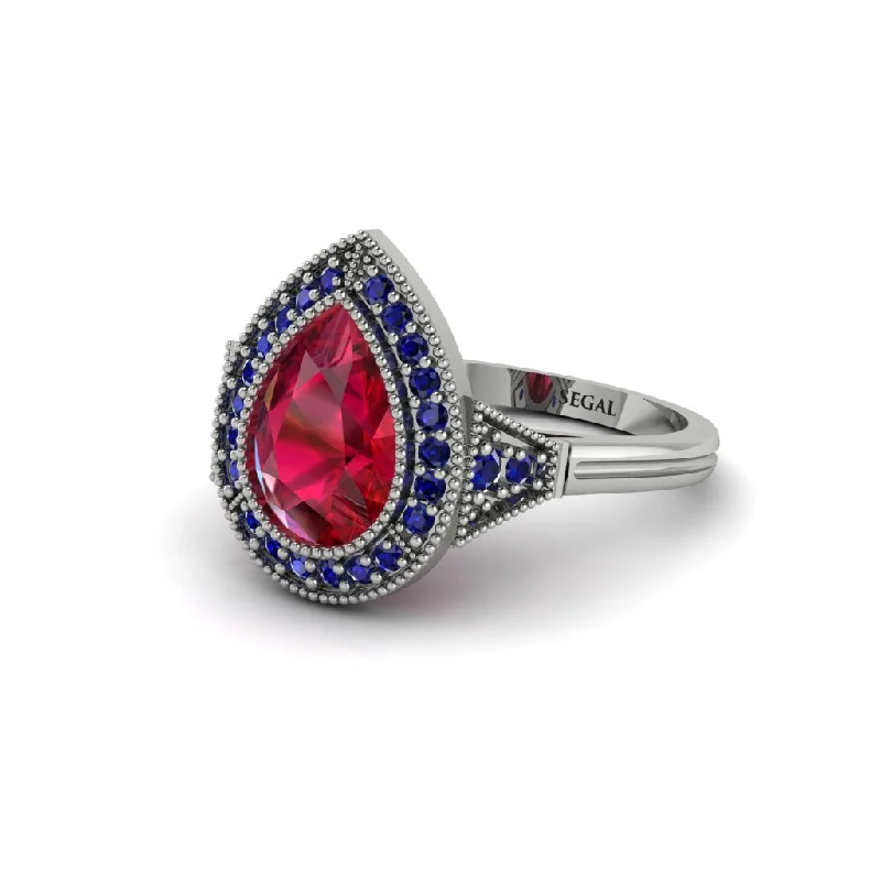 Classic Men’s Wedding Rings For Special Occasions-Pear Cut Ruby Milgrain Halo Engagement Ring - Daleyza No. 72