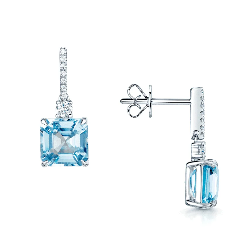 Cute Stud Earrings For Teen Girls-18ct White Gold Square Cut Aquamarine And Diamond Drop Earrings