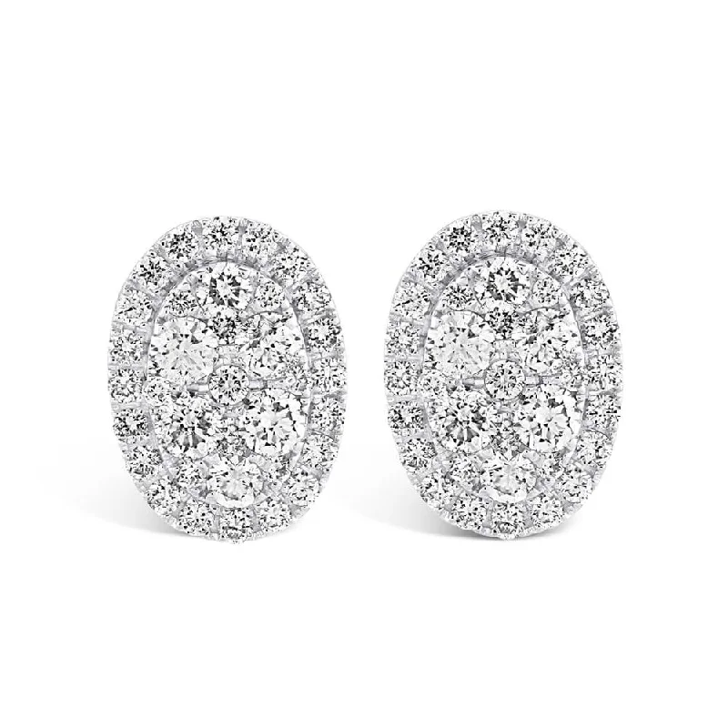 Colorful Drop Earrings For Party Wear-18ct White Gold Oval Diamond Halo Cluster Earrings