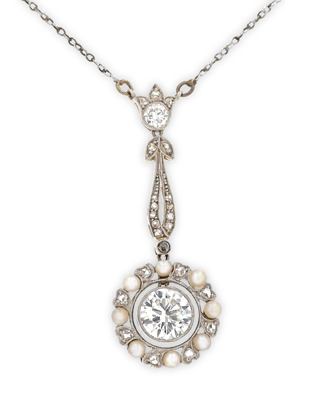 Trendy Layered Necklace For Stylish Look-Edwardian Pearl and Diamond Necklace, 1.00 carat