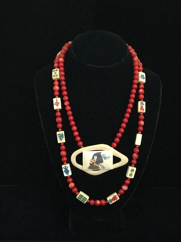 Boho Chic Necklace For Festivals-Coral Beads With Maj Jong Tiles & Hand Painted Gambling Chip Necklace