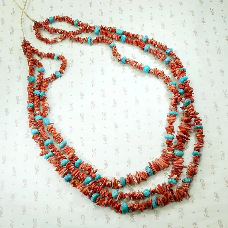 Custom Pendant Necklace For Couples-Brilliant Triple-Strand Red & Turquoise Bead Necklace