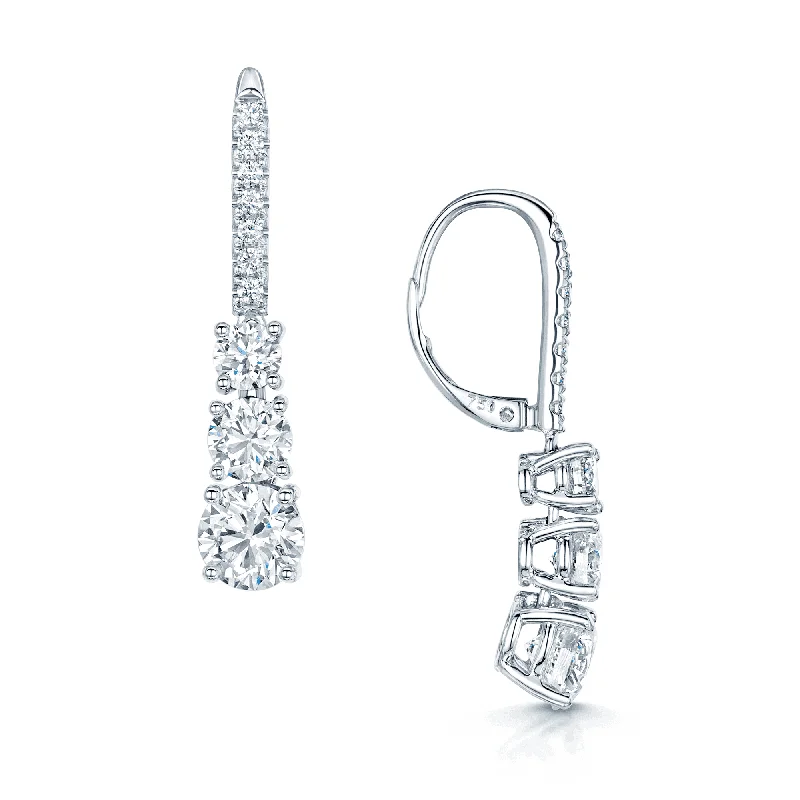 Wedding Earrings For Mother of the Bride-18ct White Gold Round Brilliant Cut GIA Certificated Diamond Three Stone Drop Earrings With Pave Diamond Hook Fittings