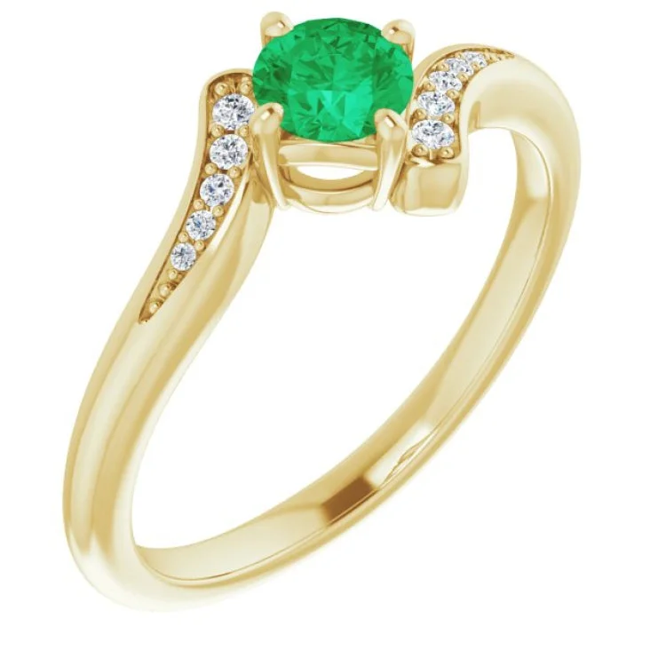 Personalized Gemstone Wedding Rings For Her-14K Yellow Natural Emerald & .04 CTW Natural Diamond Ring