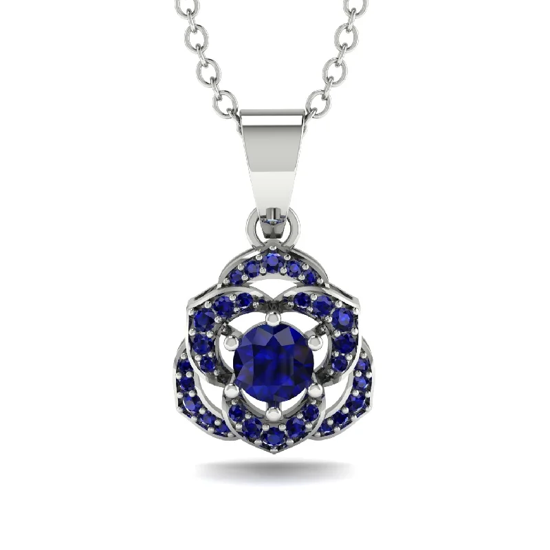 Classic Gold Necklace For Evening Wear-Golden Rose Blossom Necklace With Exquisite Sapphire Detailing - Reign No. 75