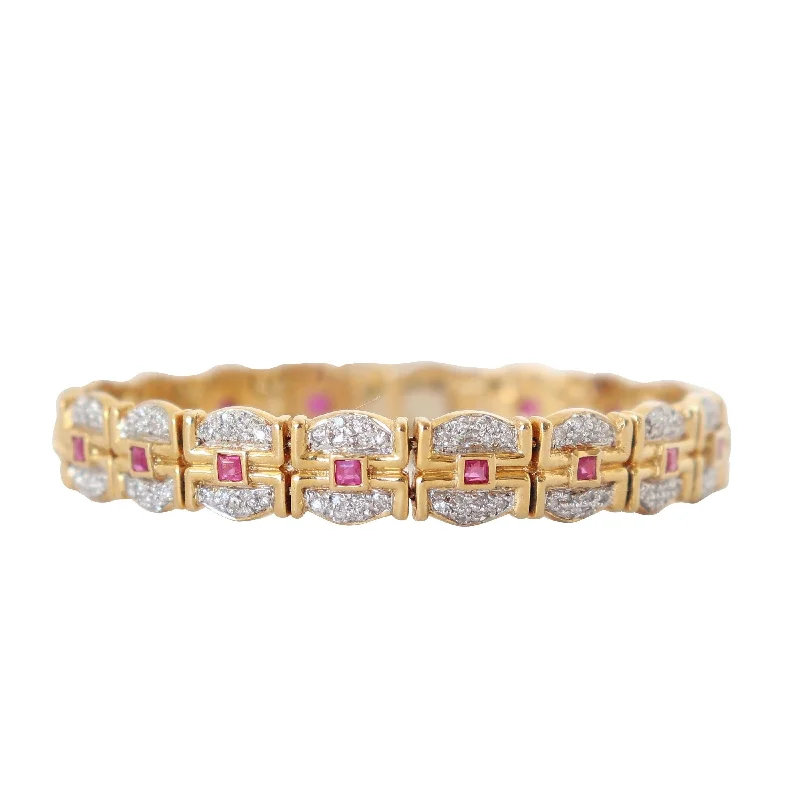 Matching Bracelets For Couples-18 kt Yellow Gold Bracelet with Diamonds and Rubies