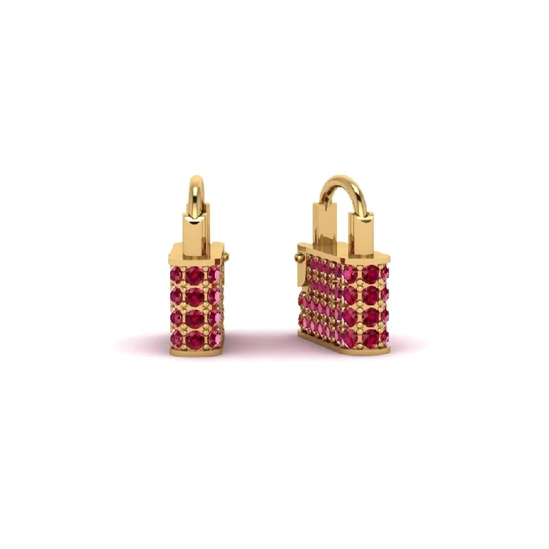 Minimalist Earrings For Office Wear-Gold Padlock Hoop Ruby Earrings - Queenie No. 10