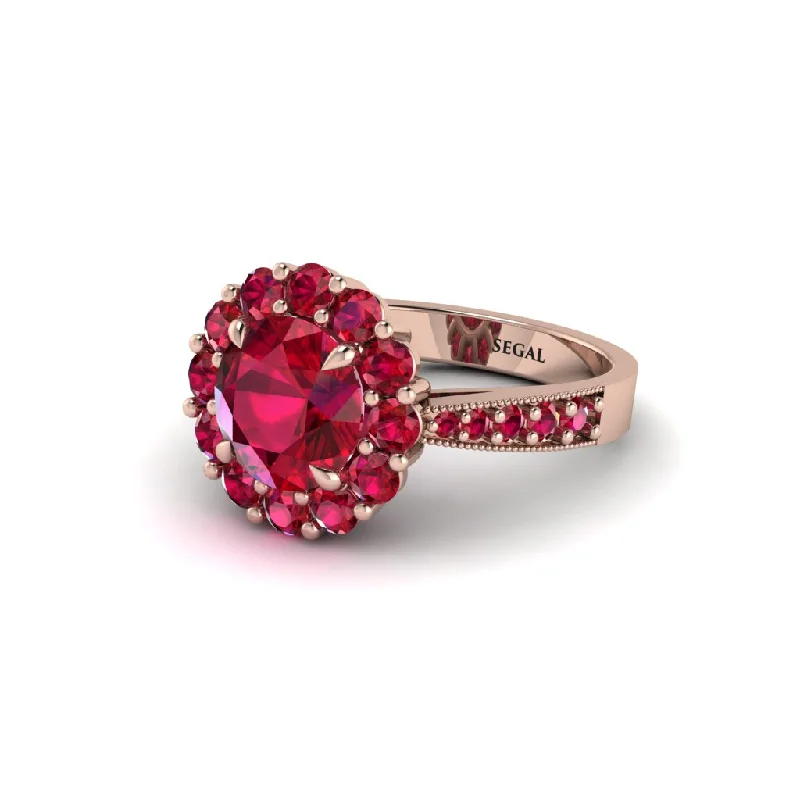 Trendy Stacking Rings For Everyday Wear-Ruby Round Halo Engagement Ring - Unity No. 56