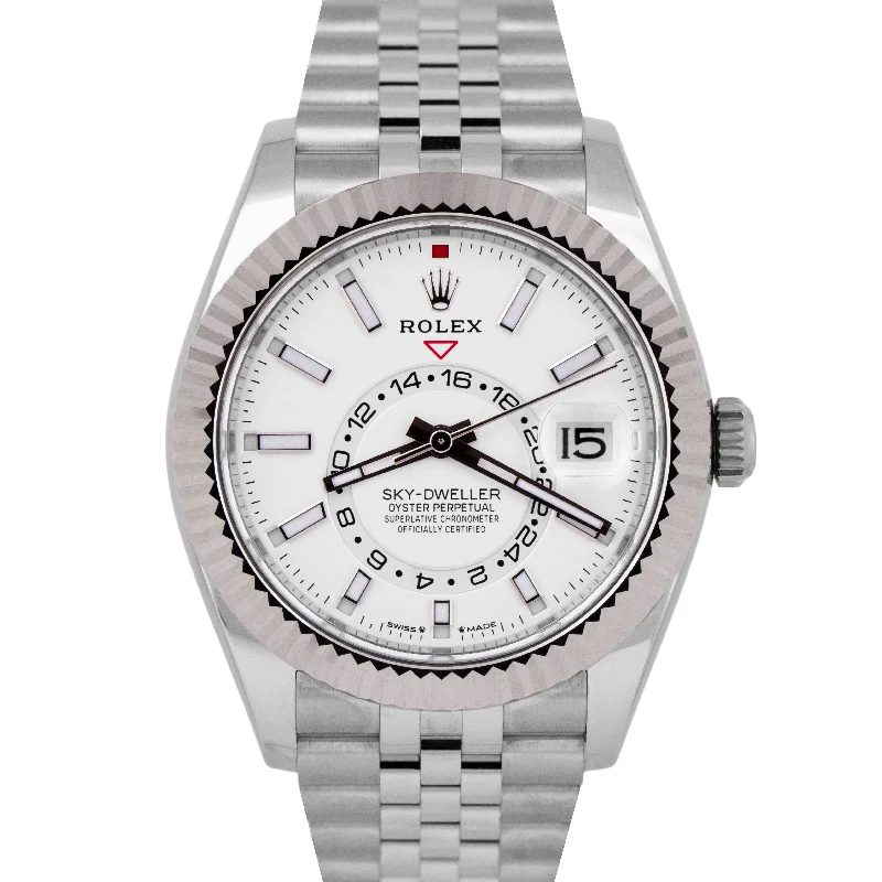 Stylish Minimalist Watches For Men-NEW OCT 2024 PAPERS Rolex Sky-Dweller White 42mm JUBILEE Steel Watch 336934 BOX