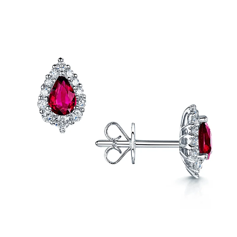 Double Drop Earrings For Trendy Look-18ct White Gold Pear Shaped Ruby And Diamond Halo Stud Earrings