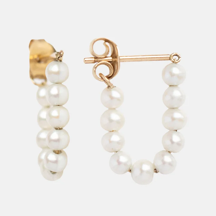 Gemstone Earrings With Unique Shapes-Solid Gold Pearl Strand Hoops