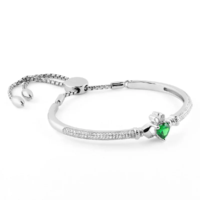 Personalized Men’s Leather Bracelets-Sterling Silver Claddagh Bracelet with White and Green CZs SB-S5890