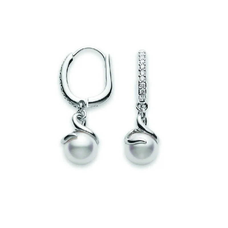 Glamorous Earrings For Evening Events-18ct white gold Cultured 7mm Pearl And Diamond Twist Drop Style Hoop Earrings