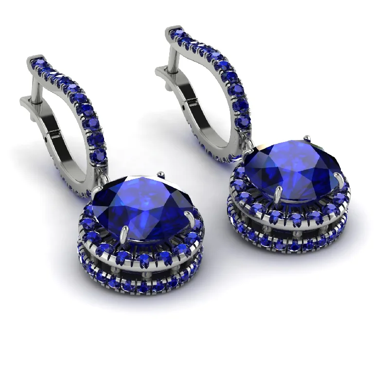 Fashionable Earrings For Teens-Hidden Halo Sapphire Hoop Earrings - Catalina No. 75