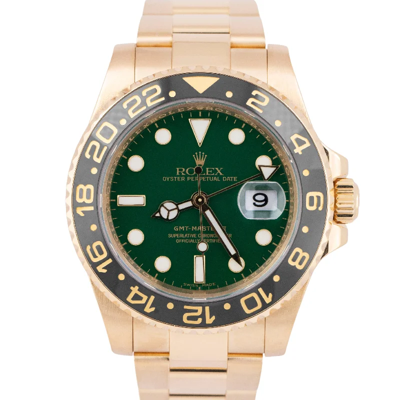 Colorful Watches For Fashionable Women-MINT PAPERS Rolex GMT-Master II GREEN 18K Yellow Gold 40mm Watch 116718 BOX