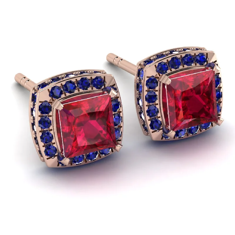 Sparkling Silver Earrings For Women-Hidden Halo Princess Ruby Earrings - Georgia No. 71