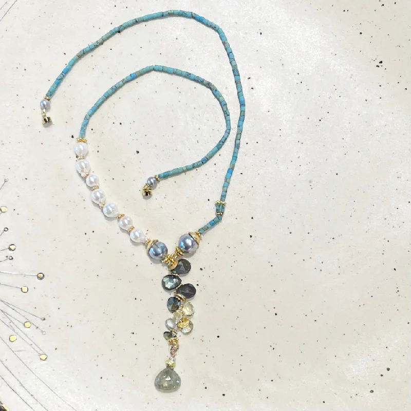 Simple Gold Pendant Necklace For Work-Afghan Turquoise, & Baroque Pearl, Labradorite & Sapphire Necklace