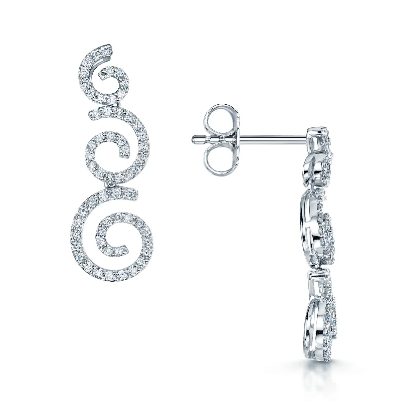 Handmade Gemstone Earrings For Unique Style-18ct White Gold Diamond Spiral Pave Set Drop Earrings