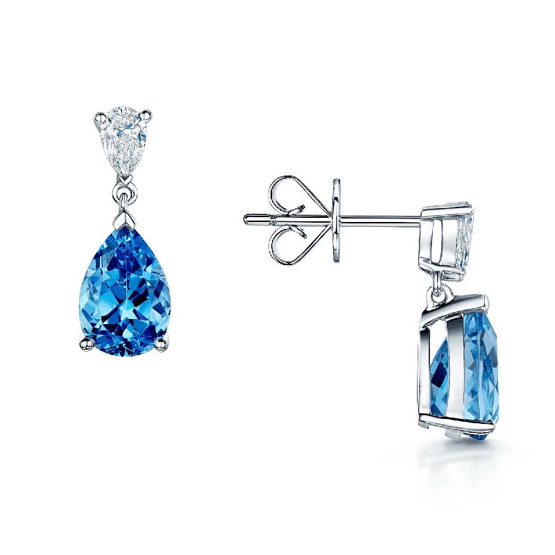 Stylish Drop Earrings For Date Night-18ct White Gold Pear Shape Aquamarine And Diamond Drop Earrings