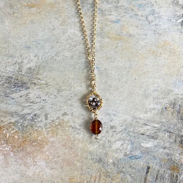 Elegant Gold Pendant Necklace For Bridesmaids-Granite & Hessonite 17" Necklace