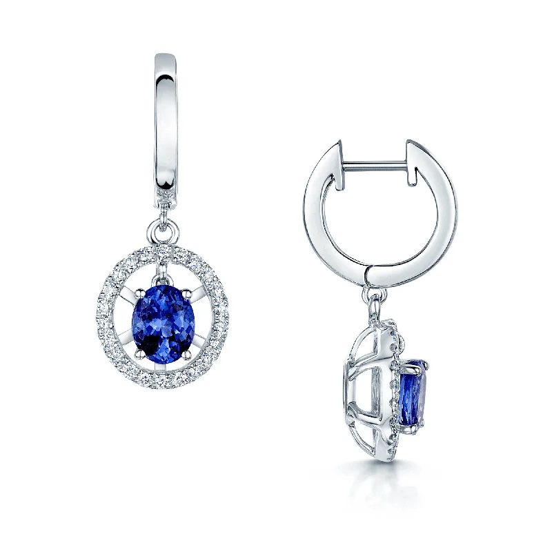 Beautiful Gold Earrings For Women-18ct White Gold Tanzanite And Diamond Framed Drop Hoop Earrings