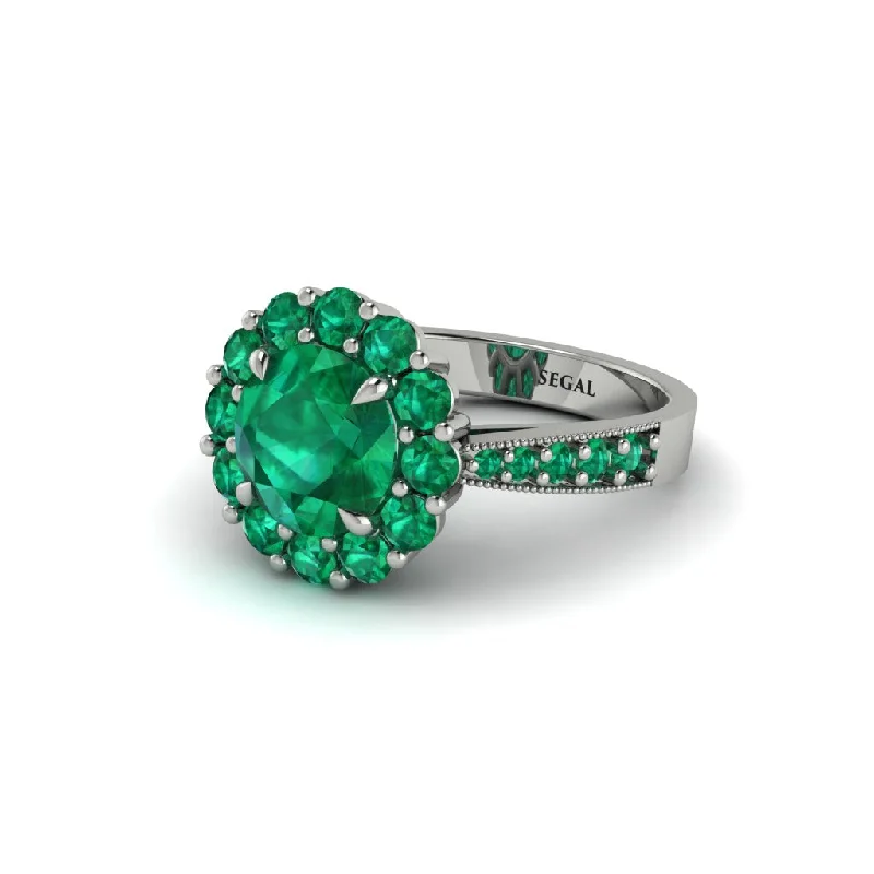 Classic Platinum Wedding Bands For Brides-Emerald Round Halo Engagement Ring - Unity No. 21