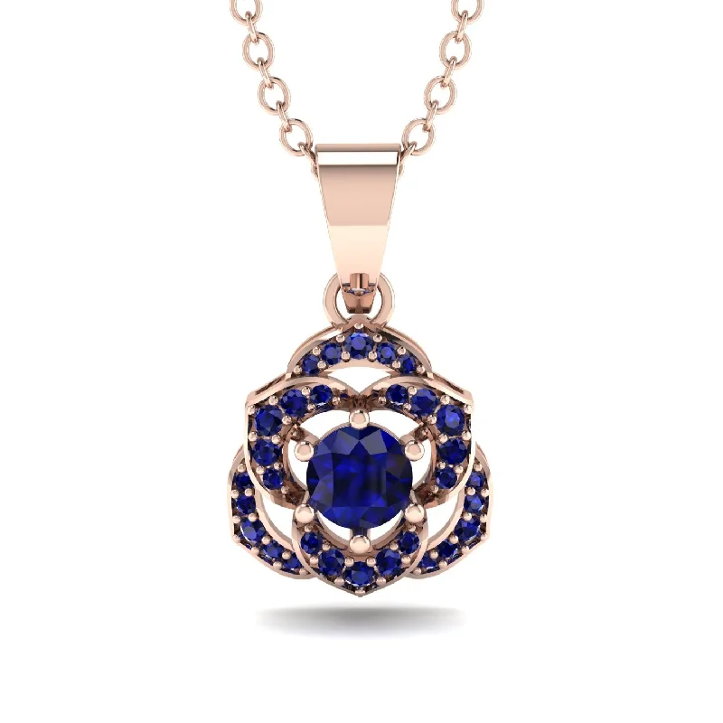 Long Pendant Necklace For Casual Look-Golden Rose Blossom Necklace With Exquisite Sapphire Detailing - Reign No. 74