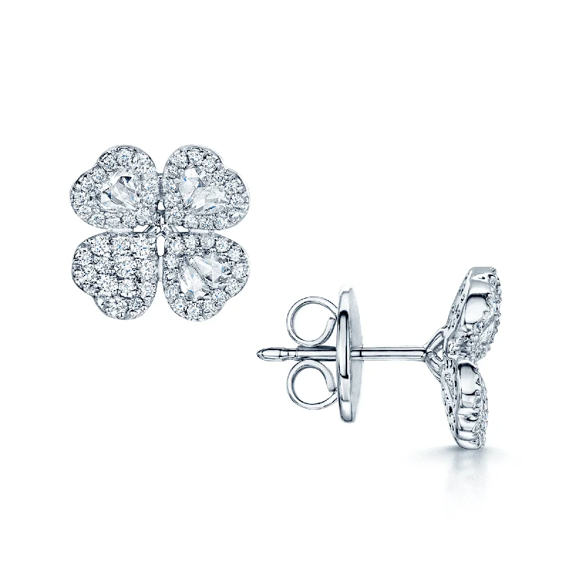 Simple and Elegant Earrings For Casual Look-18ct White Gold Pear & Brilliant Cut Diamond Clover Stud Earrings