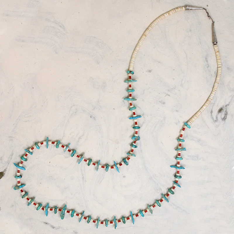 Gold Heart Necklace For Romantic Gifts-Turquoise Tabs, Coral Tubes & Shell Heishi Bead Necklace