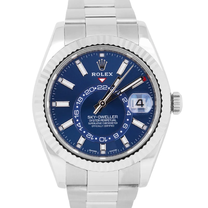 Leather Strap Watches With Unique Designs-MINT Rolex Sky-Dweller BLUE Stainless Steel 18K White Gold 42mm Oyster 326934