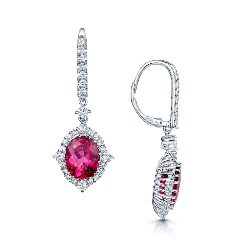 Hoop Earrings With Personalized Charms-18ct White Gold Oval Rubelite And Diamond Cluster Drop Earrings With Diamond Fittings