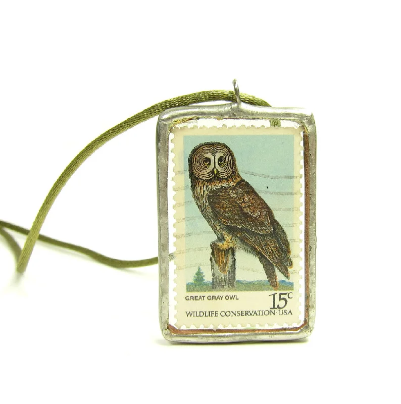 Unique Gemstone Necklace For Special Gifts-Owl Necklace Postage Stamp Soldered Pendant Great Gray & Horned Owl