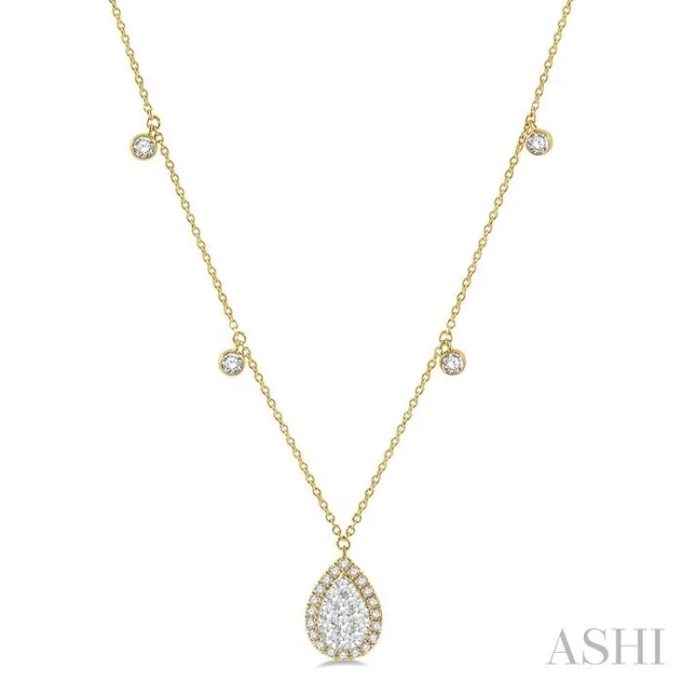 Long Pendant Necklace For Casual Look-3/4 ctw Pear Shape Lovebright Round Cut Diamond Necklace in 14K Yellow and White Gold