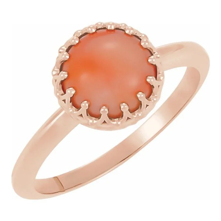 Custom Engagement Rings For Unique Proposals-14K Rose 5 mm Natural Pink Coral Crown Cabochon Ring