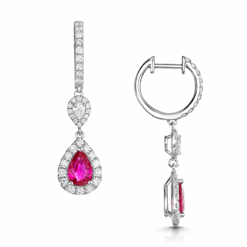 Retro-Inspired Earrings For Brides-18ct White Gold Pear Cut Ruby And Diamond Halo Drop Earrings