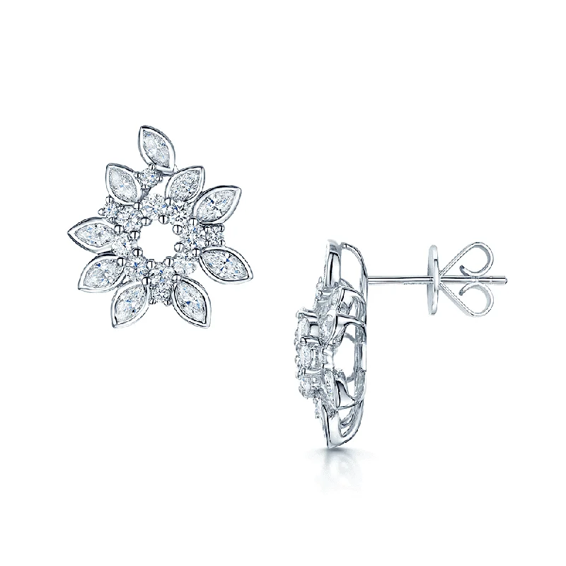 Gemstone Earrings With Unique Shapes-18ct White Gold Marquise & Round Diamond Open Spray Cluster Earrings