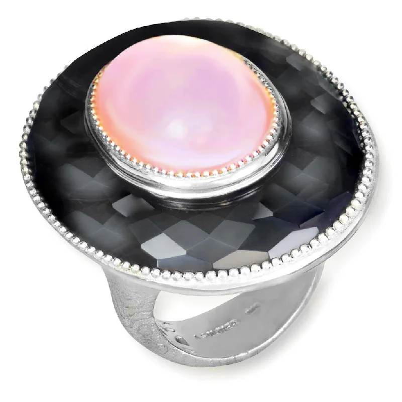 Sparkling Diamond Wedding Rings For Brides-Silver Galactica Ring with Rose Quartz, Mother of Pearl & Hematite