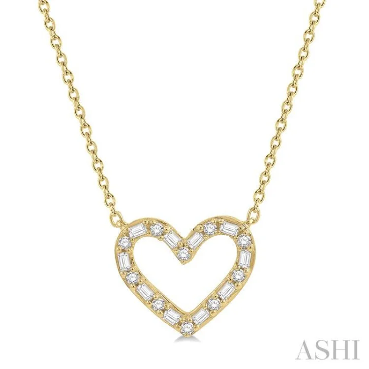 Custom Pendant Necklace For Couples-1/2 Ctw Heart Charm Baguette and Round Cut Diamond Necklace in 14K Yellow Gold