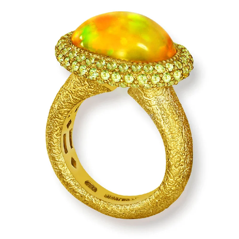 Unique Diamond Rings For Engagement-Gold Cocktail Ring with Golden Opal & Peridot