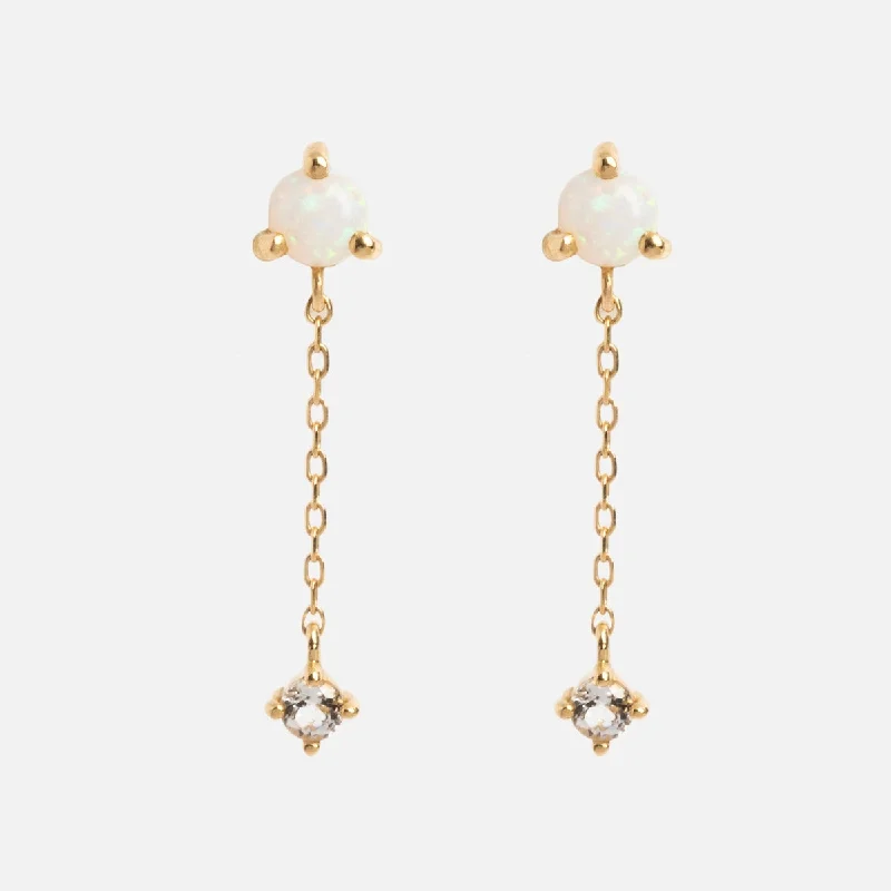 Fashionable Earrings For Summer Weddings-Solid Gold Delicate Opal Drop Studs