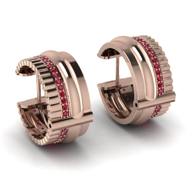 Trendy Earrings With Rhinestones-Exclusive Baguette Hoop Earrings With Ruby Accents - Aliyah No. 11