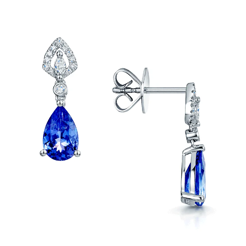 Luxury Diamond Earrings-18ct White Gold Tanzanite And Diamond Drop Earrings